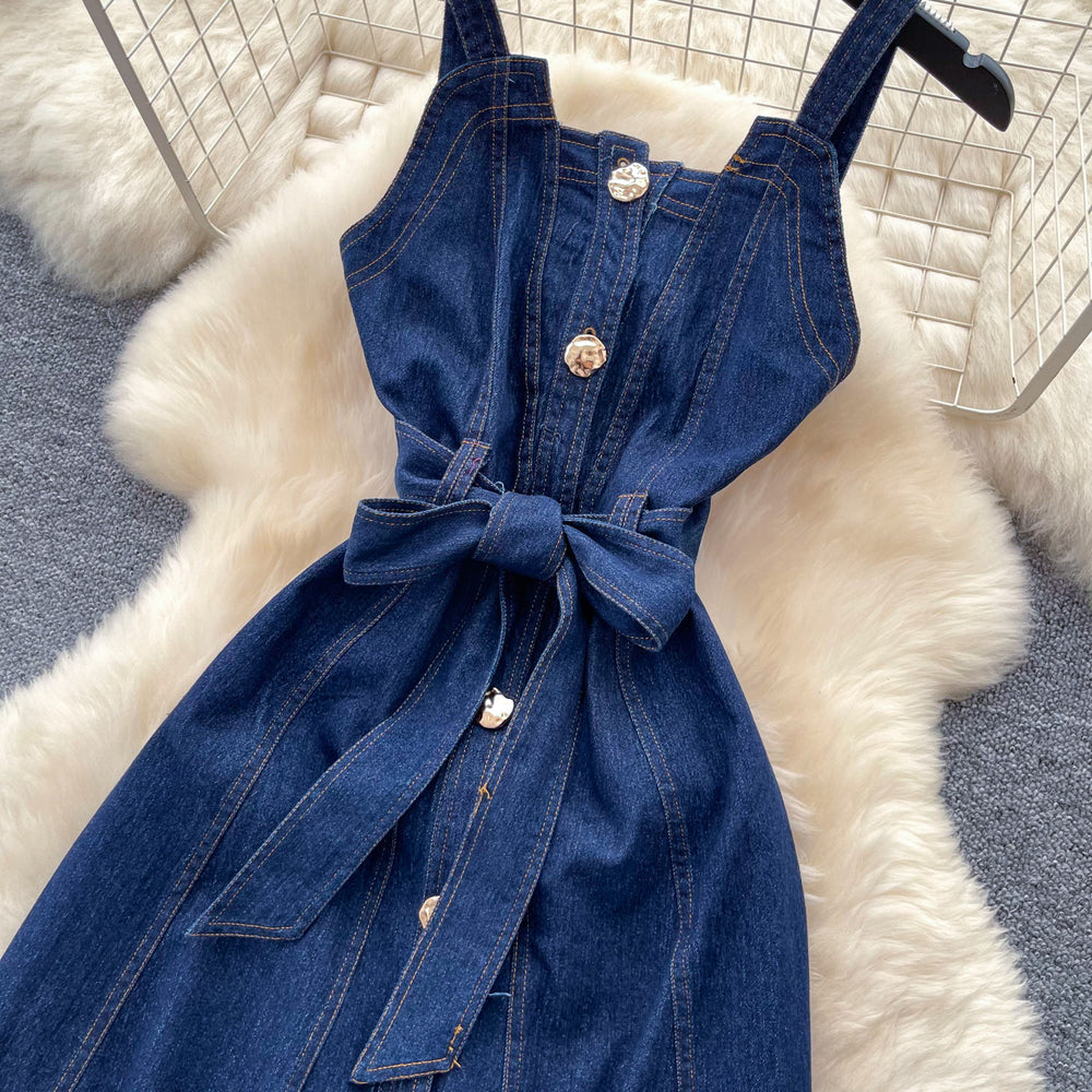 Vintage denim cami dress - women's summer a-line maxi dress with button detail, tie waist, and commute-friendly design