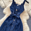 Vintage denim cami dress - women's summer a-line maxi dress with button detail, tie waist, and commute-friendly design