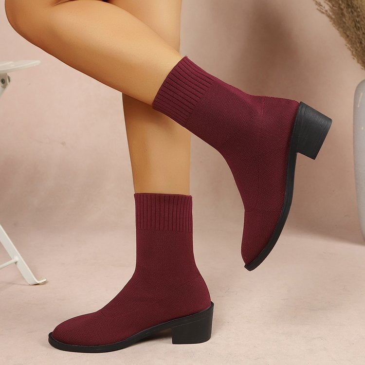 Export women's shoes  fashionknittingspring & fall single boots pointed thick heel women's flats thin boots women's mid-heeled short boots