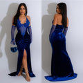 C6801 cross-border   fashion women's solid color halter neck slit sexy maxi dress