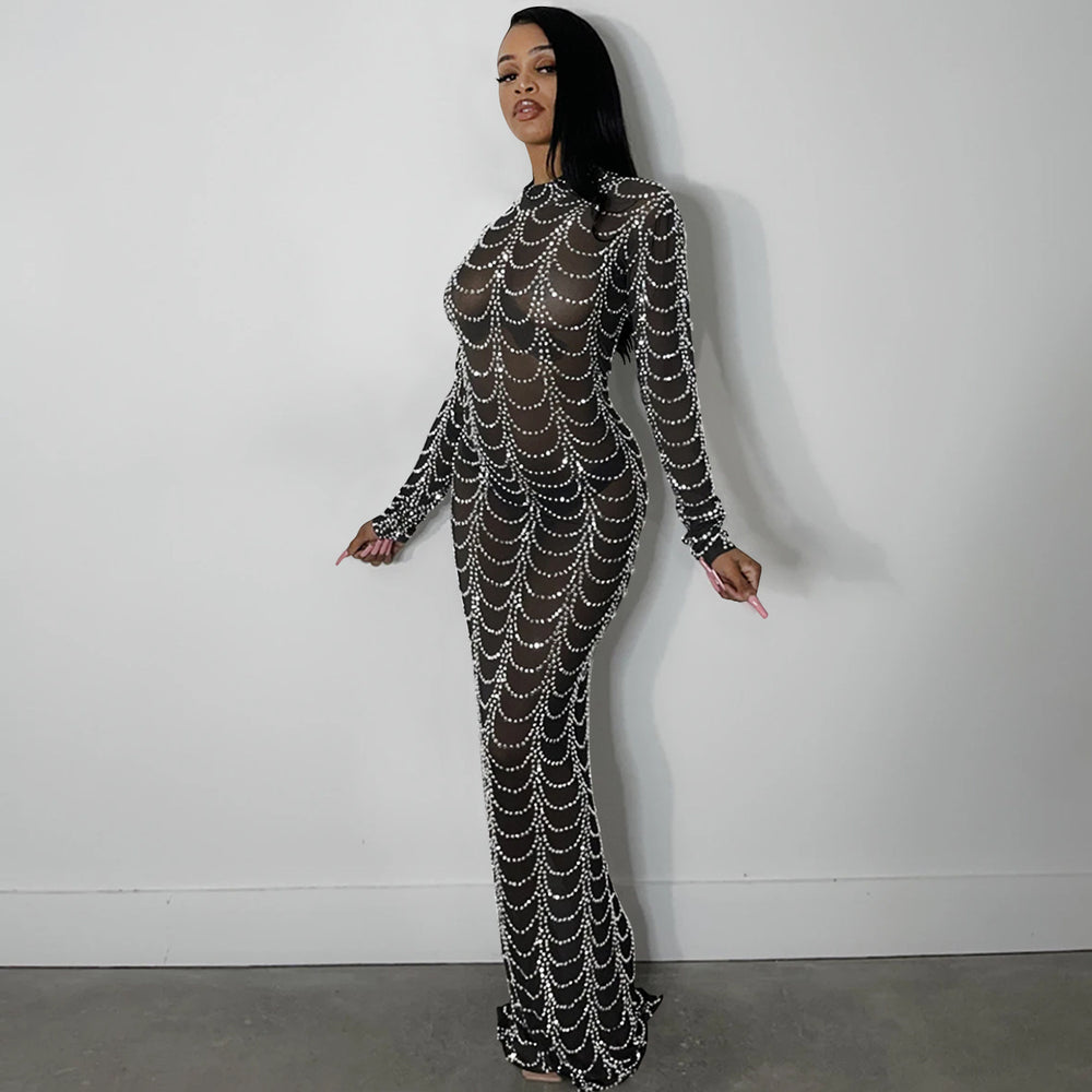 X5351   fashion new sexy nightclub rhinestone mesh see-through long sleeve dress