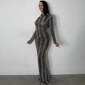 X5351   fashion new sexy nightclub rhinestone mesh see-through long sleeve dress