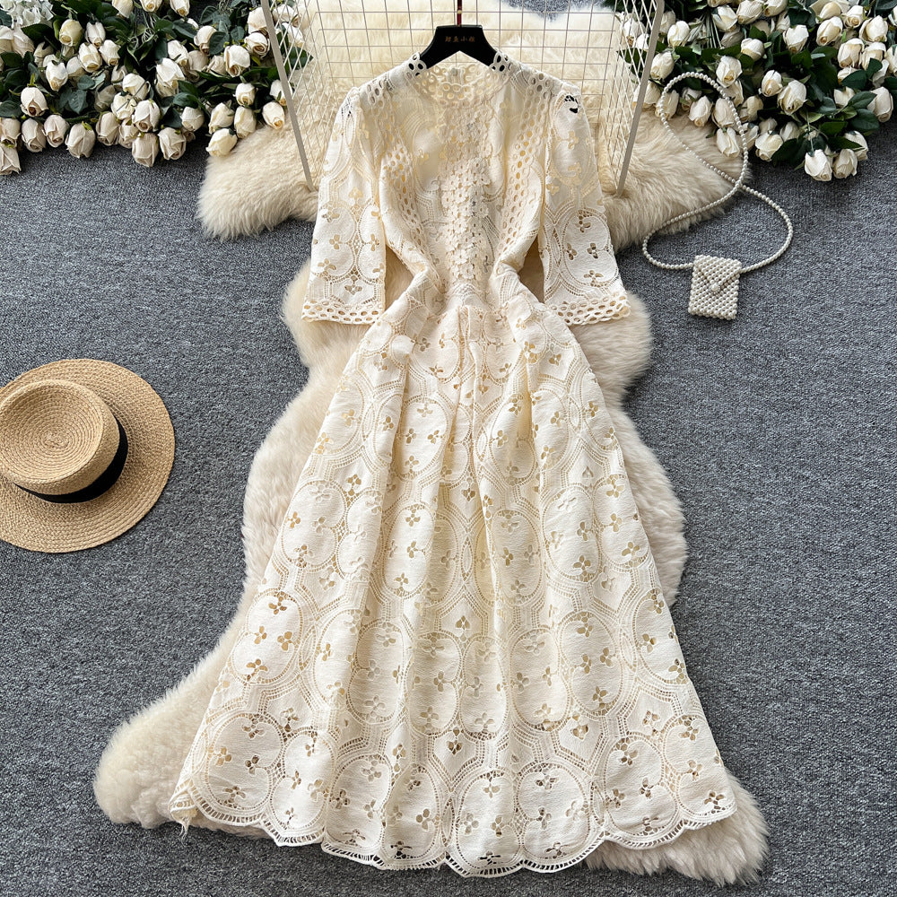 Frenchclassyelegant heavy industry cut out crochet half length sleeve dress women's autum waist slimming lookelegance long skirt