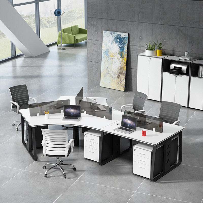 Office desk set for employees - modern minimalist design - includes desk, chair, and computer accessories