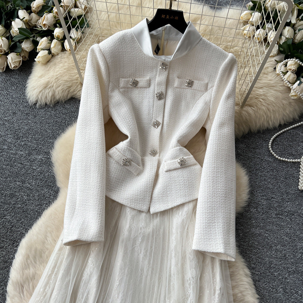 French chic a-line patchwork fashion dress - women's long sleeve, slim fit, figure-flattering, elegant long dress