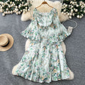 French chic one-shoulder flared sleeve tie-waist floral chiffon dress - women's autumn ruffle maxi dress