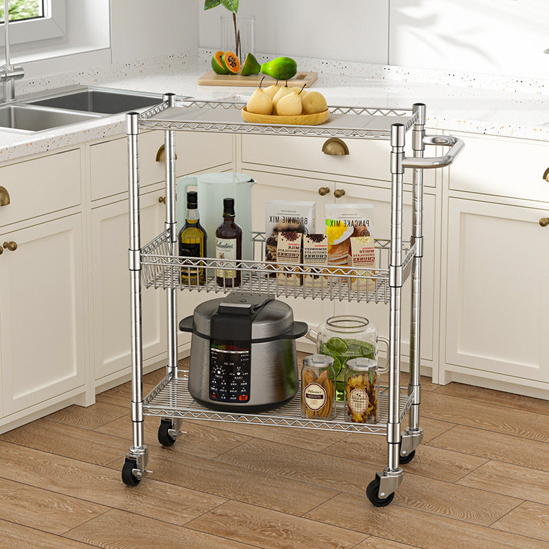 Kitchen with wheels vegetable snack trolley three layers with armrest rack electroplated iron wire removable storage rack