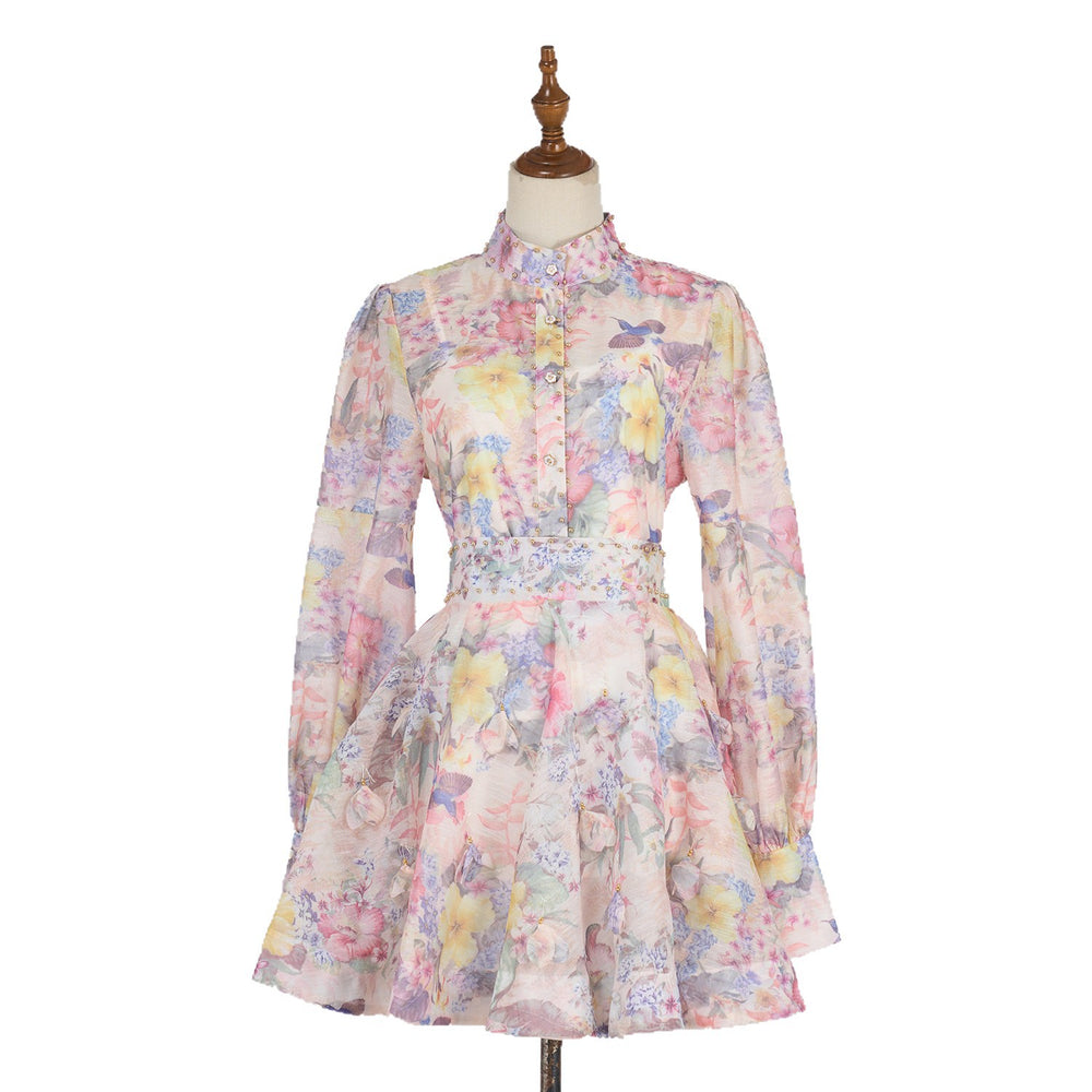 European and american style retro print beaded lantern sleeve top + a-line midi skirt two-piece set - high-end socialite look