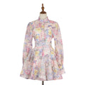 European and american style retro print beaded lantern sleeve top + a-line midi skirt two-piece set - high-end socialite look