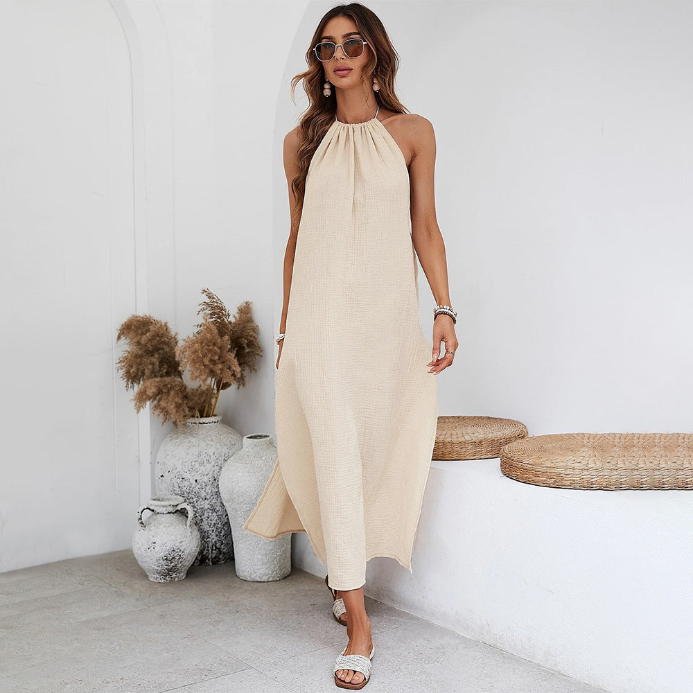 Insnew arrivalfashion cross-border woven casual stylesense of design big backless seaside vacation halterneckdress