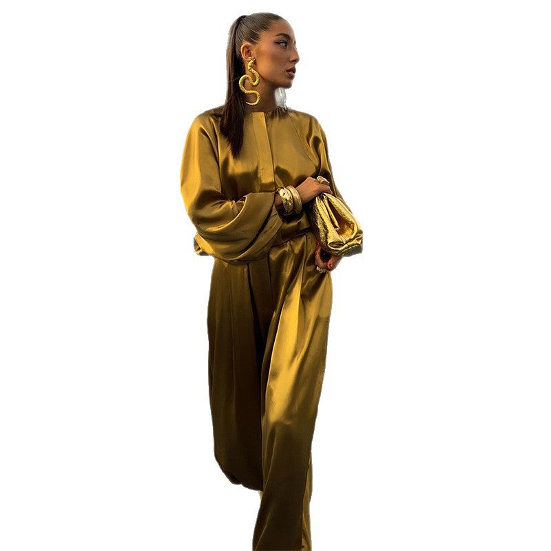 European and american women's clothing  autumn new collection: sweet and fresh round neck lantern sleeve blouse and high-waisted lantern pants two-piece set