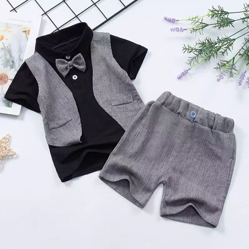 Kids' summer cotton linen short-sleeve set: boys' cartoon deer print shirt two-piece korean style casual wholesale
