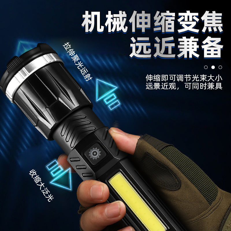Cross-border new white laser charging flashlight LED telescopic zoom strong light outdoor COB side light with pen buckle flashlight