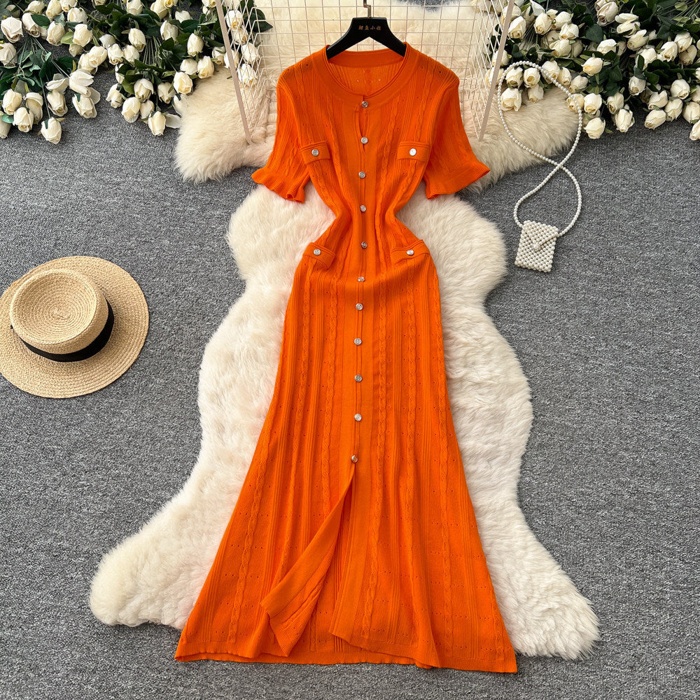 European and american style minimalist elegant knitted dress - women's summer single-breasted hollow-out slimming design - chic long dress