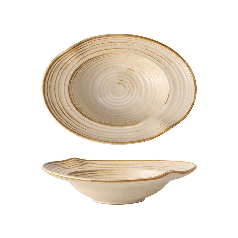Spiral pattern rustic ceramic soup plate, vintage high-end ceramic salad plate, home restaurant food presentation deep dish pasta plate