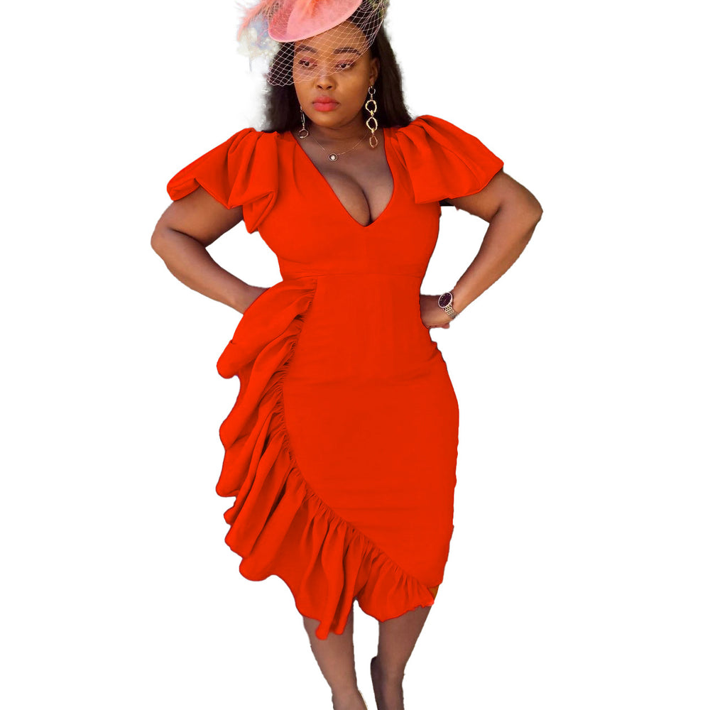 D125c new arrival deep v neckruffles hip mid-length cross-border plus size women's dress