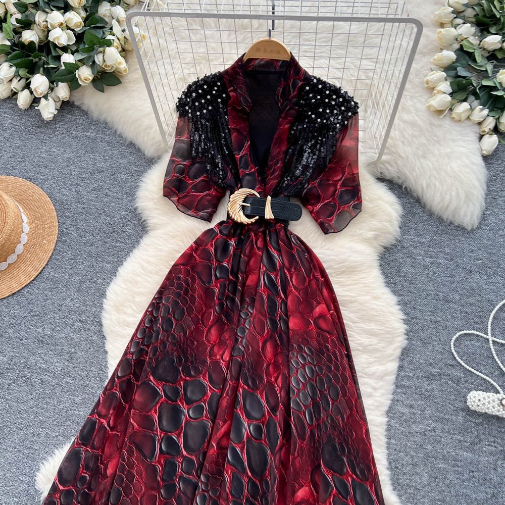 European and american fashion light luxury diamond-embellished tassel v-neck tie-waist printed maxi dress - slimming, elegant, and flowy