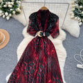 European and american fashion light luxury diamond-embellished tassel v-neck tie-waist printed maxi dress - slimming, elegant, and flowy