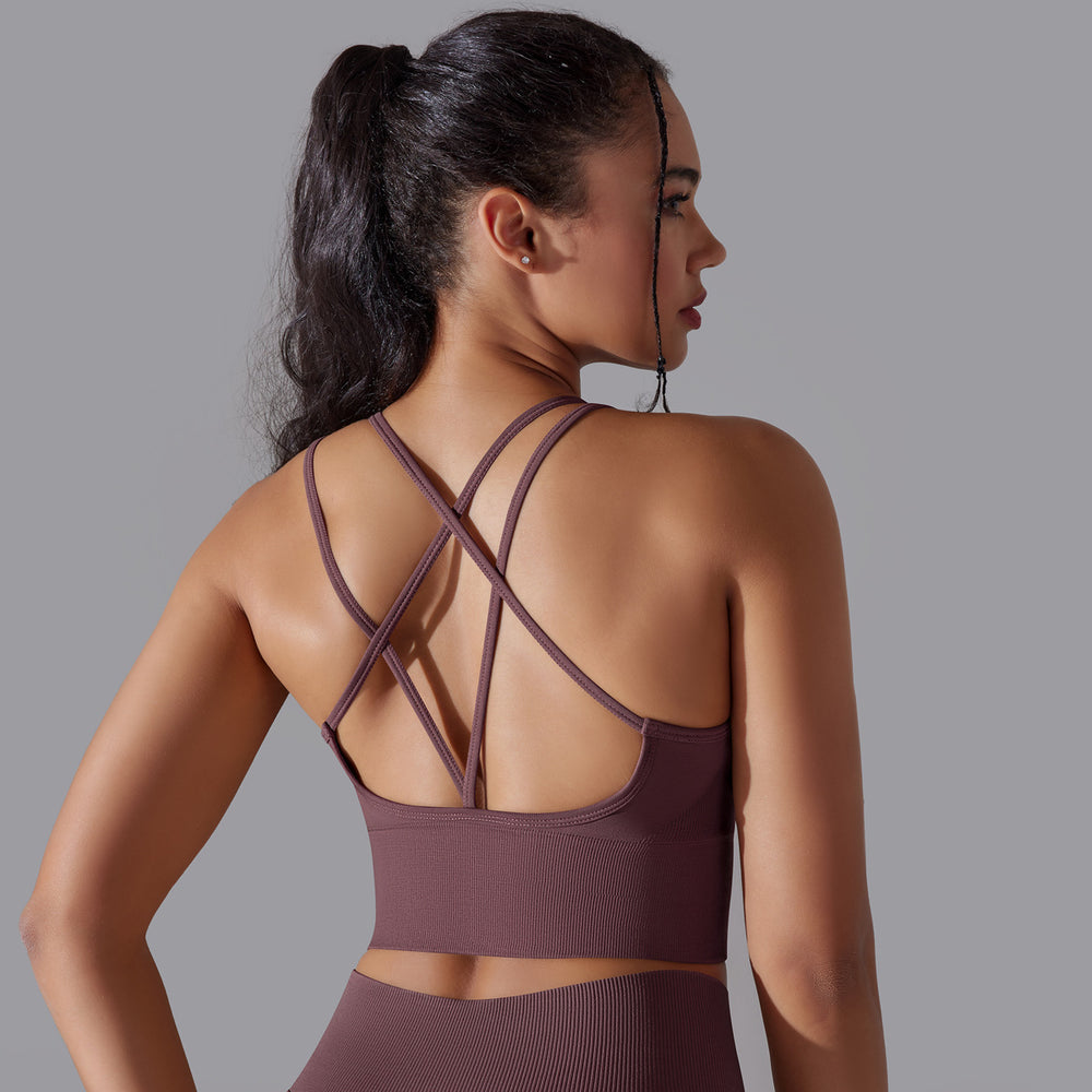 fashion seamless pure color cross back sports bra vest yoga suit running fitness three-piece set