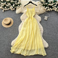 French riviera style yellow slip dress - women's spring  high-waisted, slimming, ethereal, flowy a-line maxi dress for summer