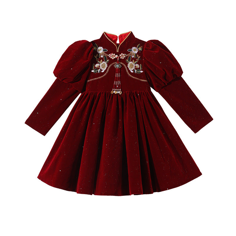 Girl red dress festive new year's greetings short high collar chinese style new chinoiserie princess dress new year clothes winter
