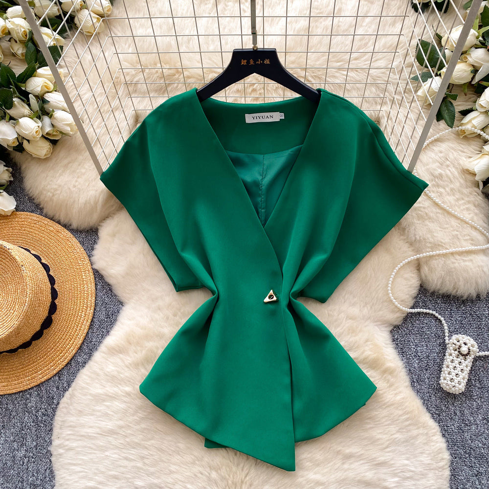Korean style v-neck short sleeve shirt for women -  spring collection - unique, asymmetrical design - commuter chic cardigan top