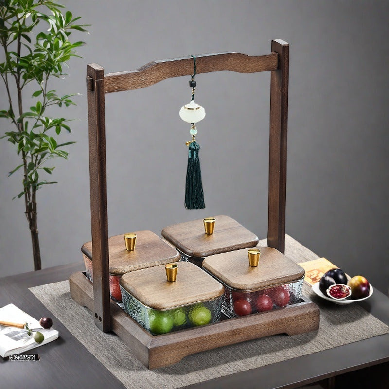 Luxury walnut wood-effect fruit & snack platter - home use, divided compartments, creative dried fruit dish, dessert glass bowl & fruit plate