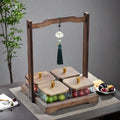 Lifting tray [four compartments with lid] + gold-rimmed glass bowl