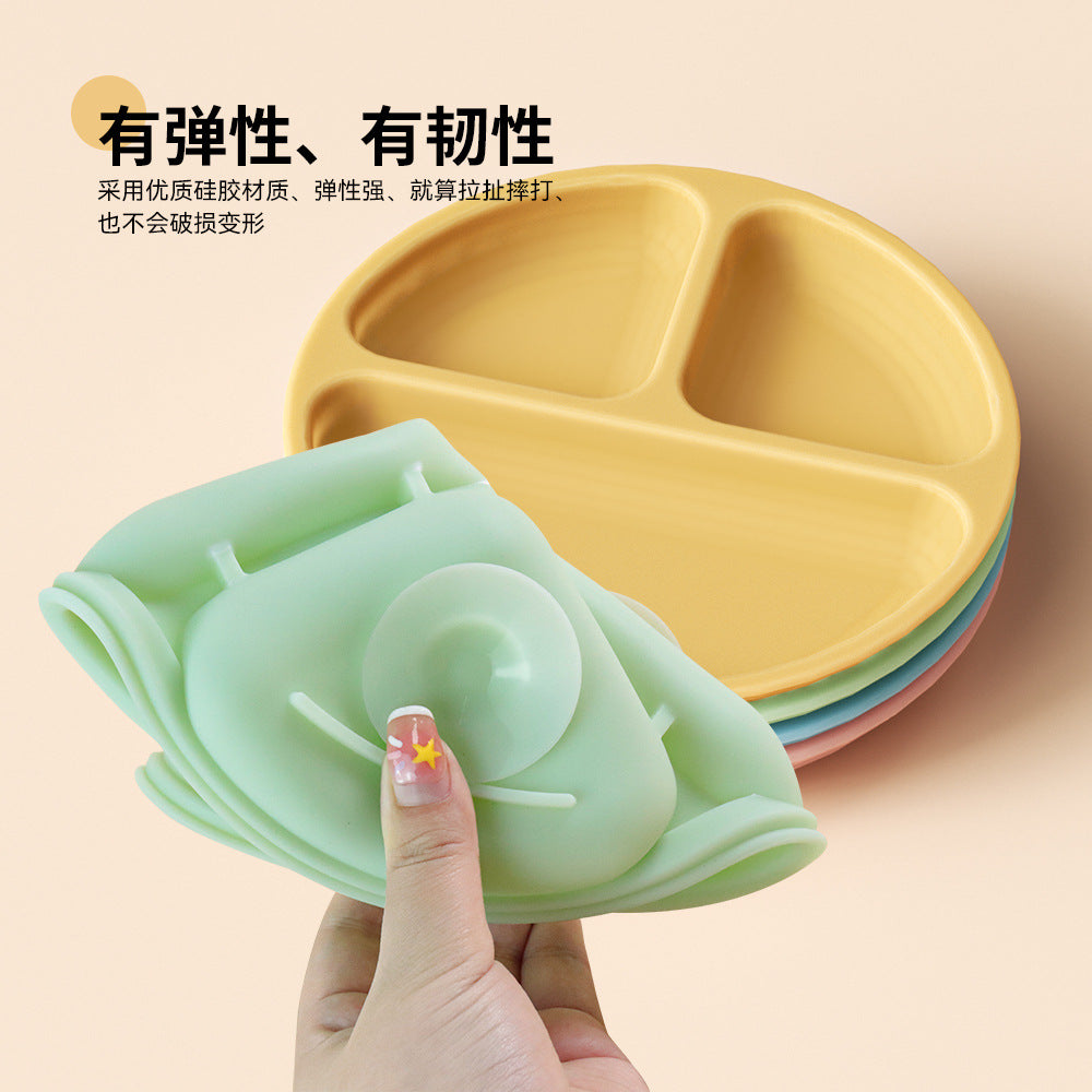 Children's dinner plate silicone grid baby feeding complementary food bowl integrated anti-drop suction cup baby feeding tableware