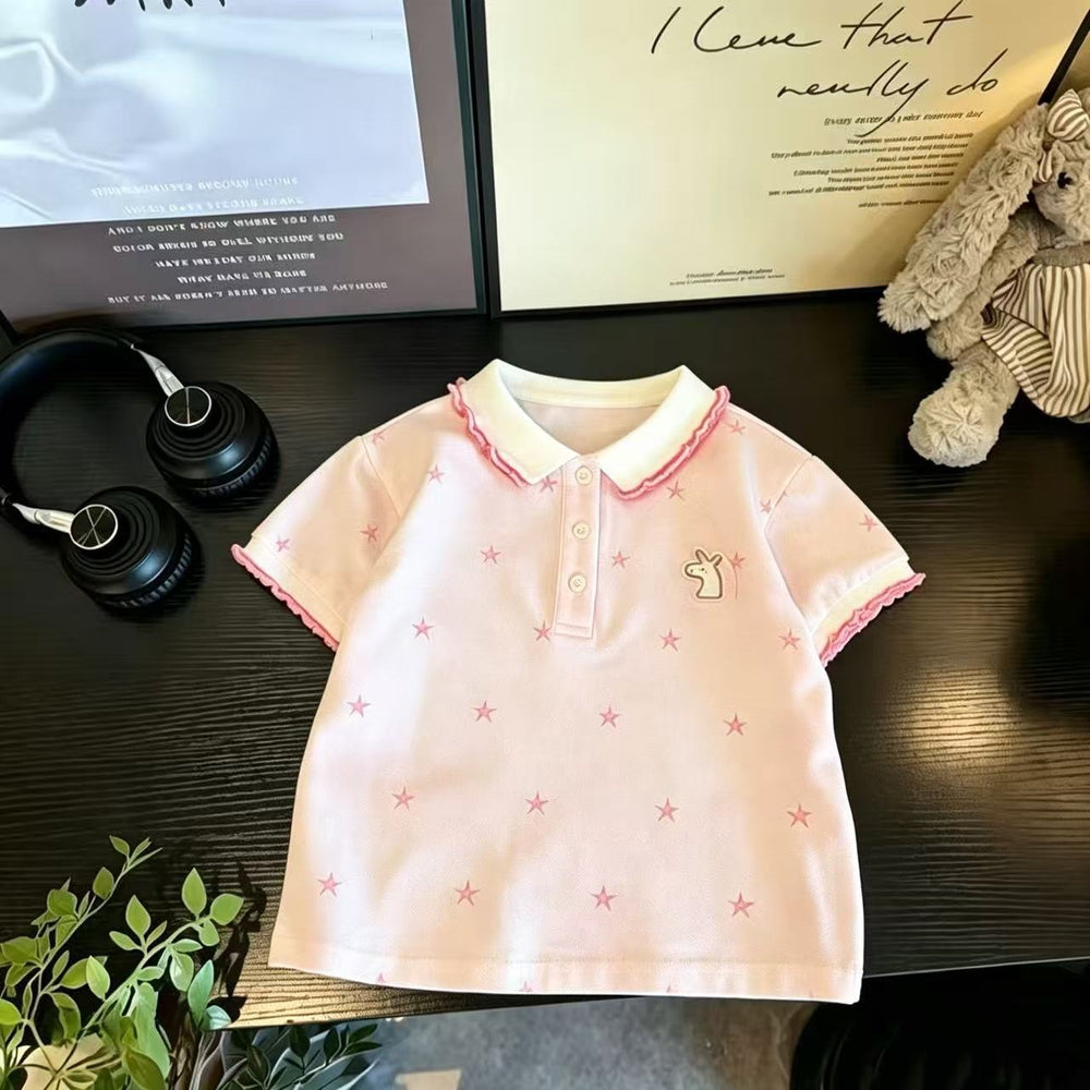 【in stock】girls' short-sleeve pink star print  summer new sweet polo shirt - stylish korean style outfit