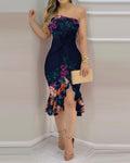 european and american style new summer collection: navy blue fashionable trendy printed asymmetrical twist knot off-the-shoulder bodycon dress