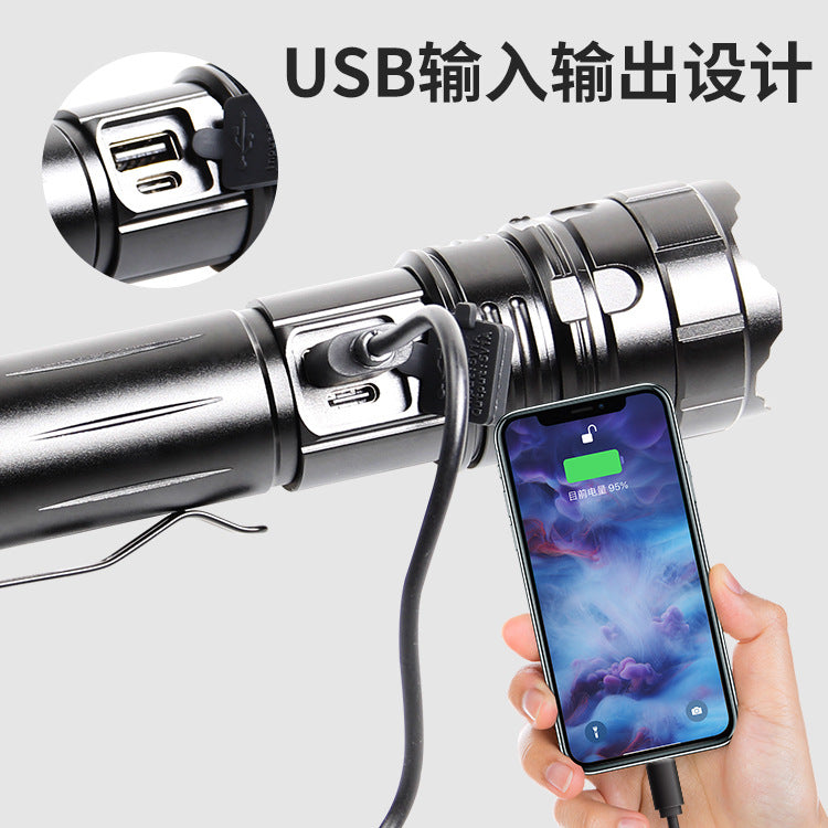 Cross-border new white laser XHP70 strong light USB charging, strong light remote shooting pen buckle power display LED flashlight