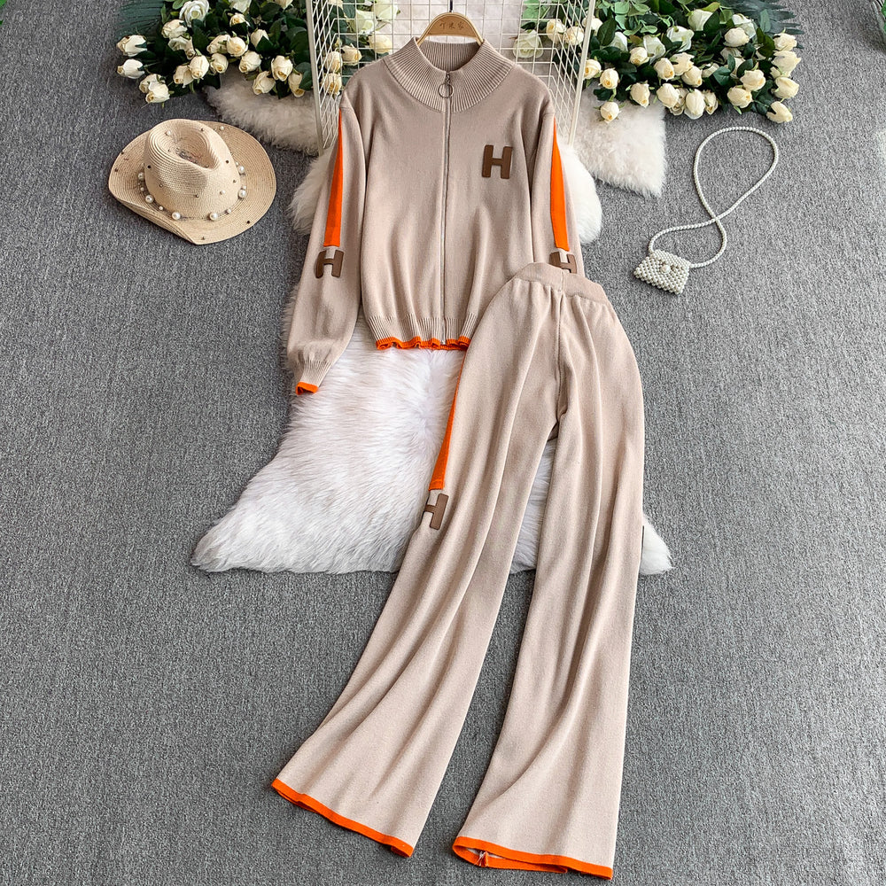Fashionable activewear set: casual zip-up stand collar long sleeve knit jacket + high-waisted slimming wide-leg pants with double stripes