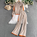 Fashionable activewear set: casual zip-up stand collar long sleeve knit jacket + high-waisted slimming wide-leg pants with double stripes