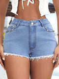 In-stock - 15518#  cross-border women's fashion high-waisted, loose-fit, slimming, frayed hem, beaded denim shorts