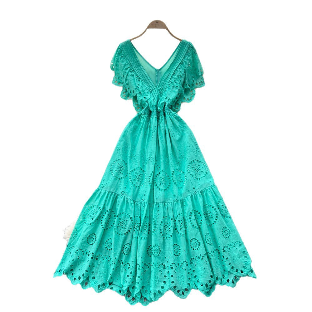 Vintage court style flutter sleeve dress - women's summer hollow-out crochet, high-end design, elegant socialite, light luxury maxi dress