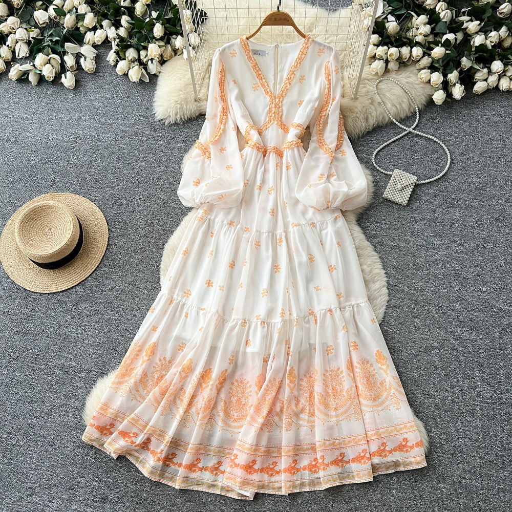 French chic floral slim-fit dress - women's long sleeve v-neck high waist a-line romantique pink plus size maxi dress