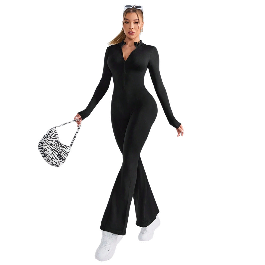 Pre-sale black stand-up collar waist and hip lift front zipper onesie women's thin flared trouser legs elastic onesie