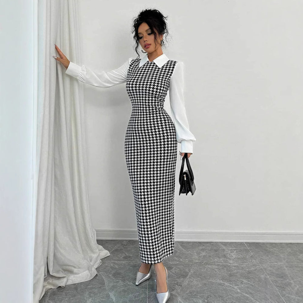 Amazon slim-fit bubble sleeve dress - women's tk cross-border houndstooth bodycon maxi dress