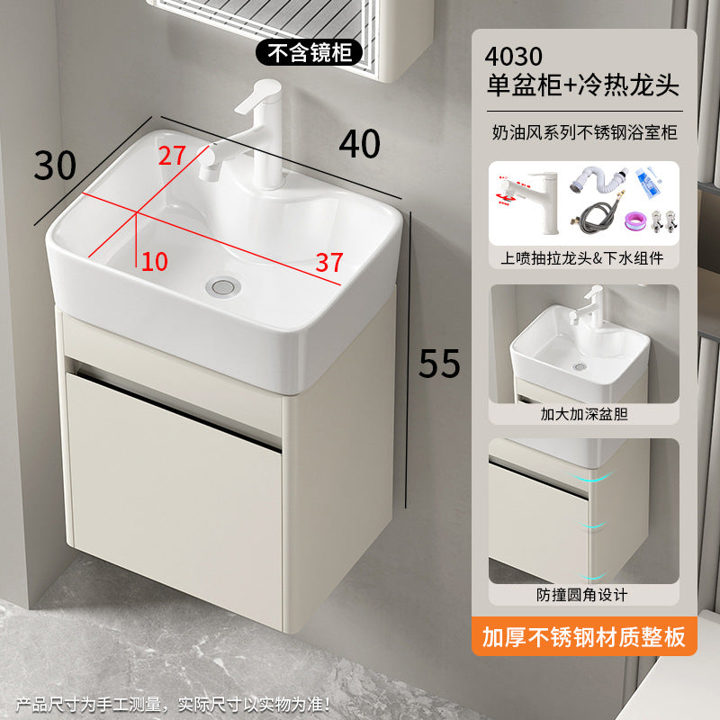 Small apartment bathroom cabinet Thickened stainless steel washstand Integrated cabinet Storage mirror Washstand Deepened ceramic integrated basin