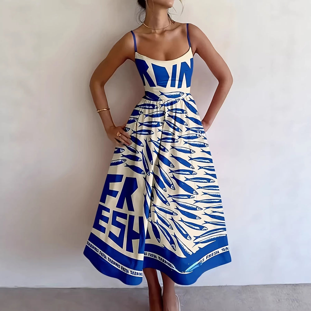 design-forward, niche print cami dress - midi length a-line, vacation style women's dress - perfect for resort looks