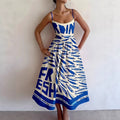 design-forward, niche print cami dress - midi length a-line, vacation style women's dress - perfect for resort looks