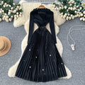 Commuting style lapel beaded long sleevesdress women's waist pleated skirtclassy socialite elegance gentle style long skirt