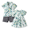 Korean style floral short-sleeve shirt set for kids - cotton casual outfit for boys and girls, matching family sets for siblings