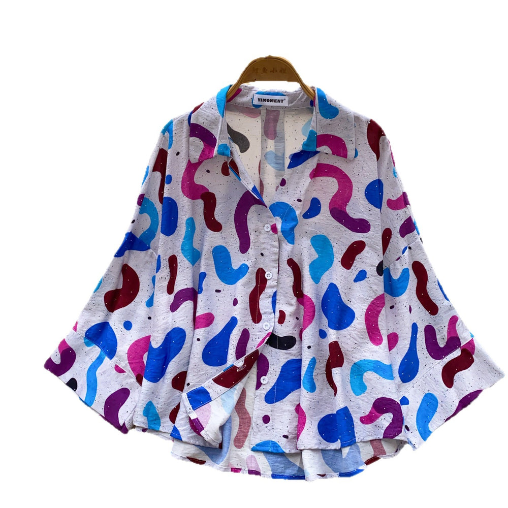 Korean style commute chic colorful geometric print long sleeve shirt - women's summer breathable, skin-friendly, loose fit cardigan top