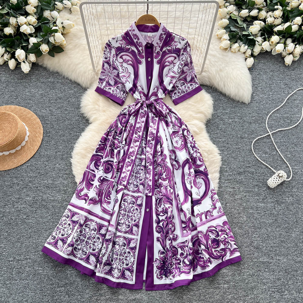 European and american niche style court-inspired placement print dress - women's summer high-end tie-waist single-breasted shirt dress