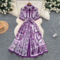 European and american niche style court-inspired placement print dress - women's summer high-end tie-waist single-breasted shirt dress