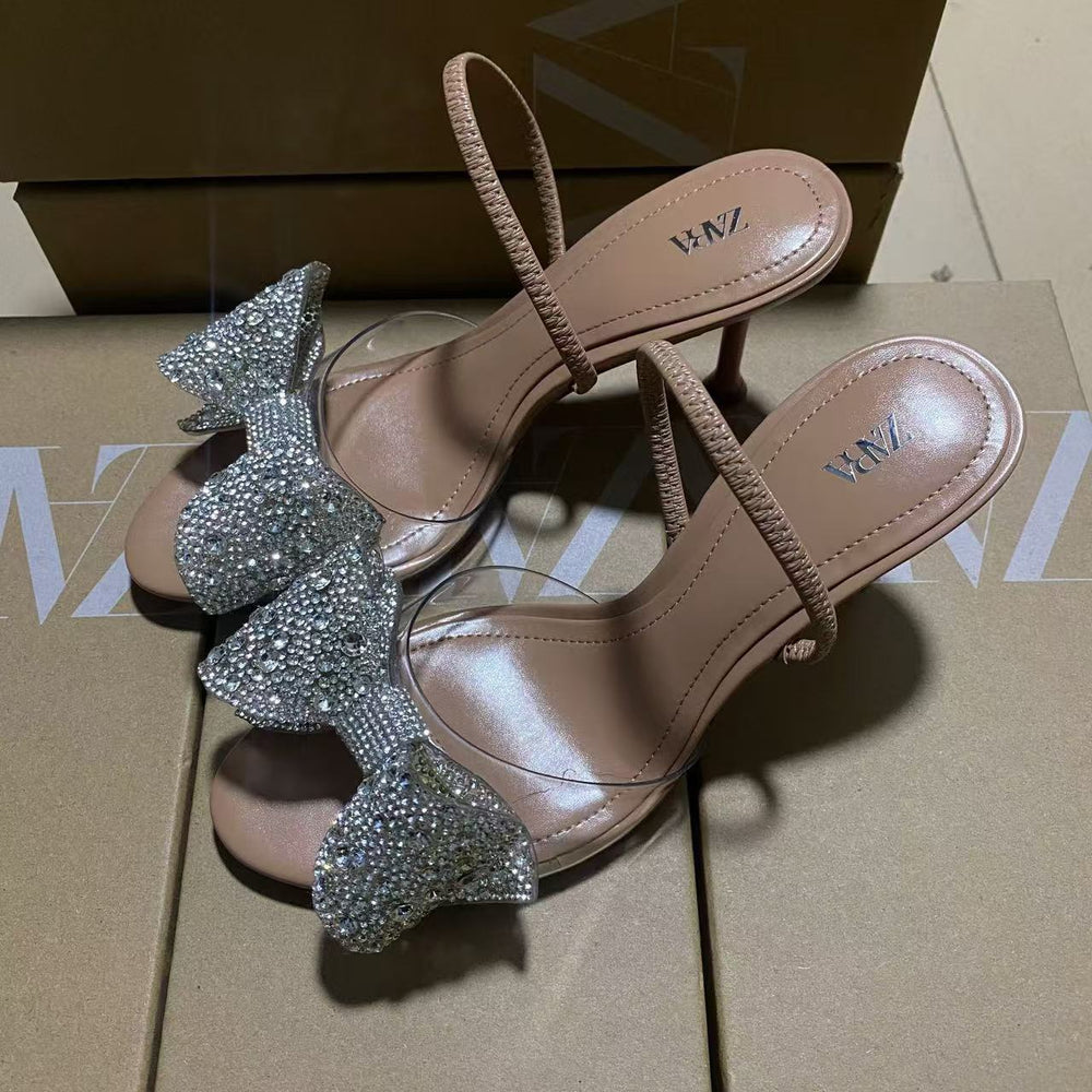 Za women's shoes 2025 new arrivals: versatile bow-tie round toe high heels, stiletto heels, slingback sandals with sequin detail