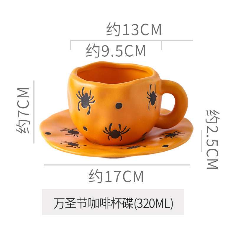 Creative halloween-themed ceramic cup and saucer set, featuring an irregular design with pumpkin and bat motifs. perfect for coffee or tea