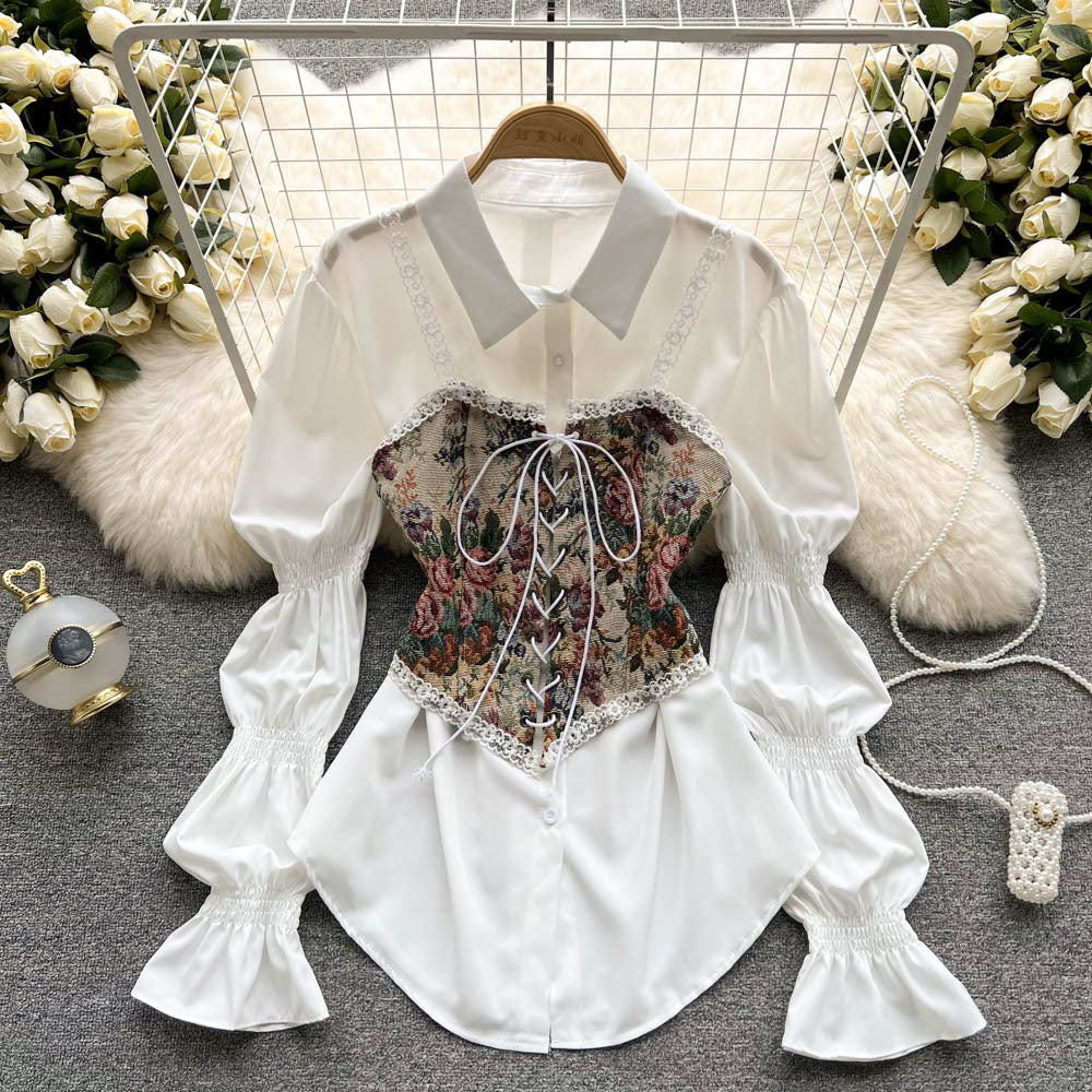 spring/summer new arrival: designer retro floral tie-up vest overdress, midi a-line puff shirt dress